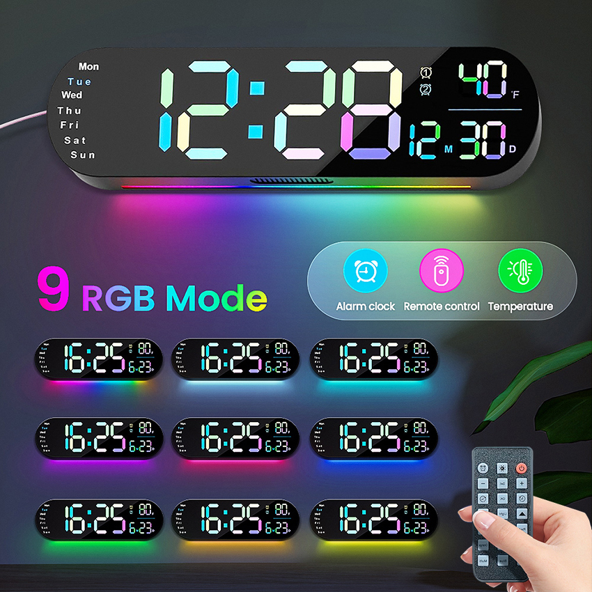 Màn hình lớn Tường kỹ thuật số Đồng hồ LED độ ẩm nhiệt độ màn hình Đồng hồ báo thức điện tử Trang trí nhà sáng tạo Từ xa