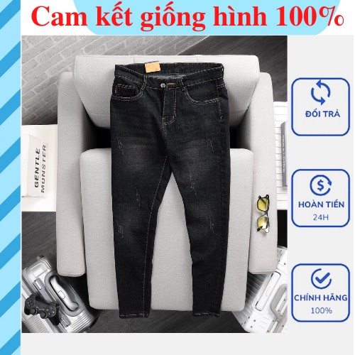 Quần jean nam đen chỉ nâu ống suông co giãn hàng vn xuất khẩu