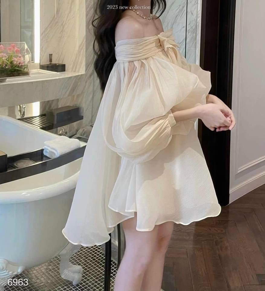 Đầm babydoll tay bồng nơ ngực chất voan tơ, đầm bánh bèo nữ tính trễ vai tay phồng