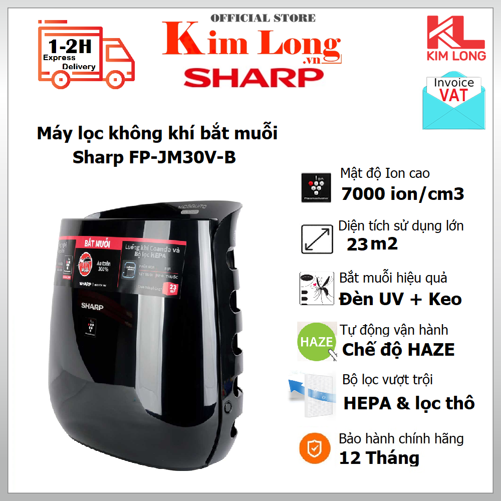 Máy lọc không khí bắt muỗi Sharp FP-JM30V-B Diện tích lọc 23m2 Plasmacluster ion, Công nghệ Inverter tiết kiệm điện - Bảo hành 12 Tháng
