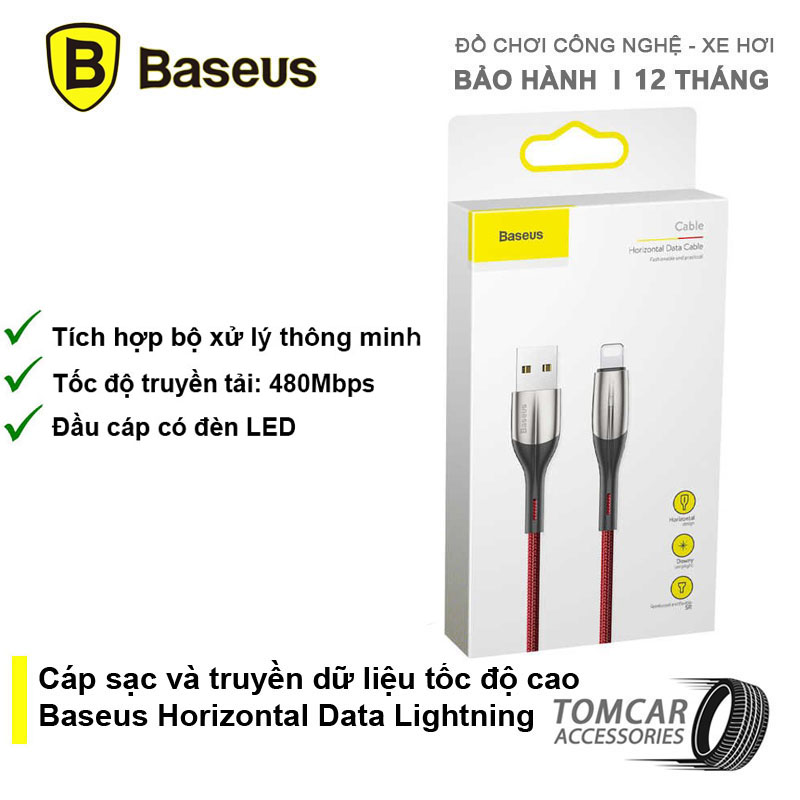Cáp sạc và truyền dữ liệu tốc độ cao Baseus Horizontal Data Lightning cho iPhone iPad LV416-05-RD (2.4A,Indicator Lamp,Fast Charing)