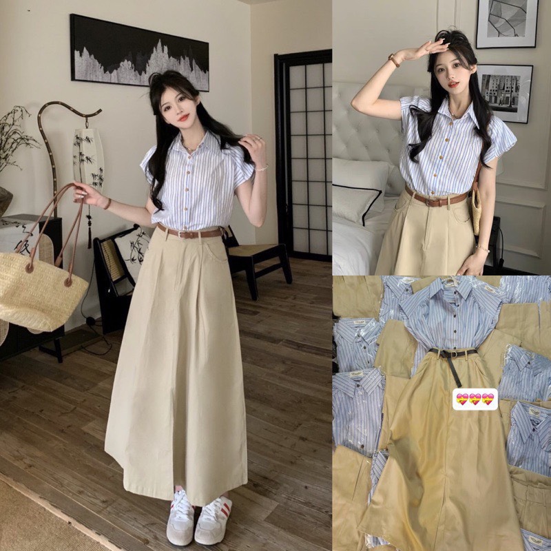 Set 3 món áo sơ mi tay hến kẻ sọc mix chân váy midi xẻ tà lưng cao phối thắt lưng thời trang vintage nhẹ nhàng sang xịn diện đi chơi, hẹn hò