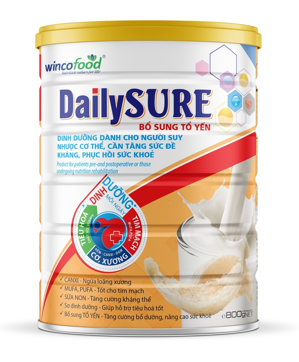 Sữa bột Wincofood DailySURE 800g: Sữa non bổ sung tổ yến dành cho người suy nhược cơ thể, cần tăng sức đề kháng