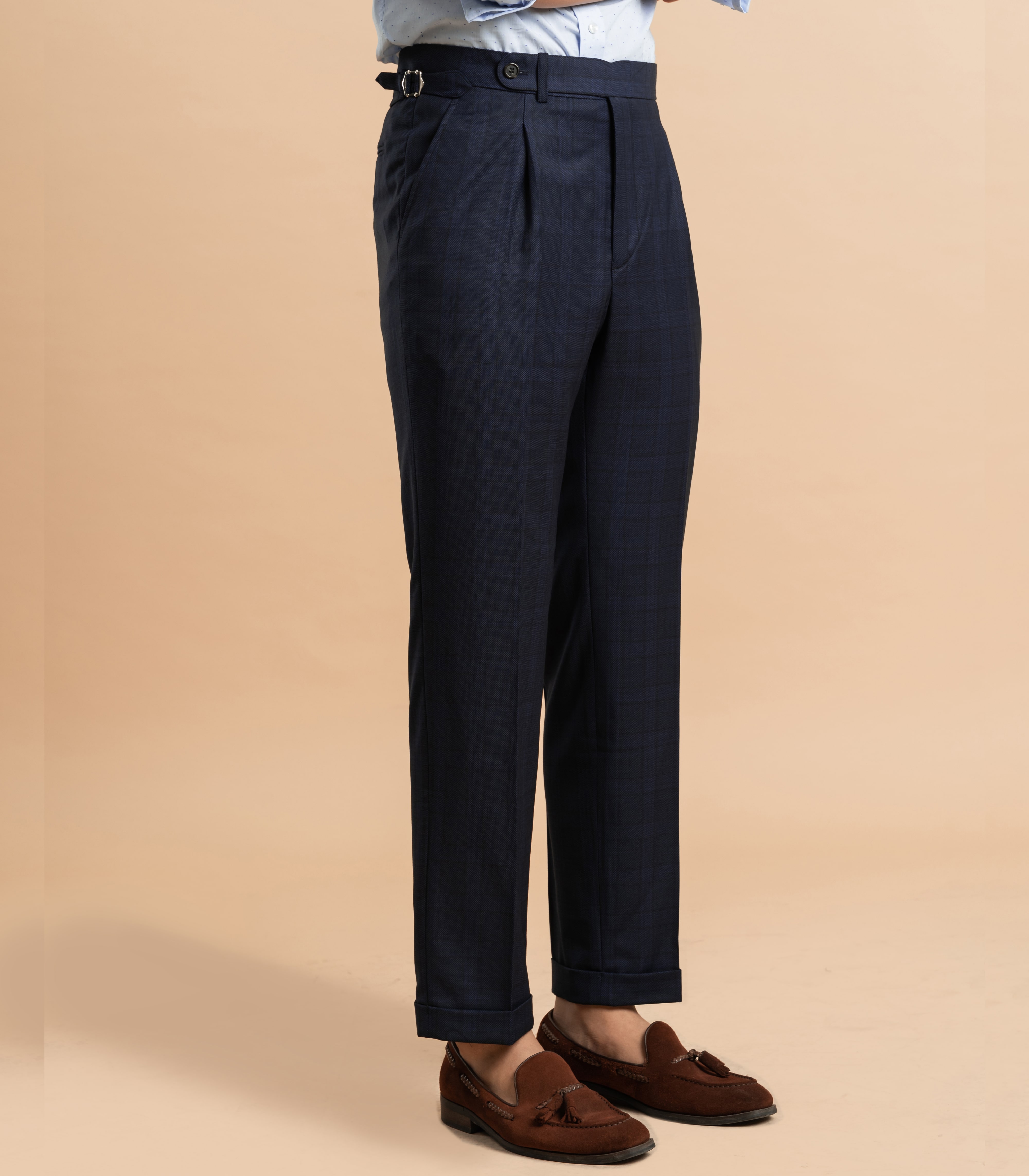 Quần Âu Kẻ Plaid Xanh Navy Side Tab ST0019  - Vải len lông cừu cao cấp thoáng mát, thấm hút mồ hôi,màu sắc sang trọng. Quần âu công sở, quần âu cao cấp - KILEE