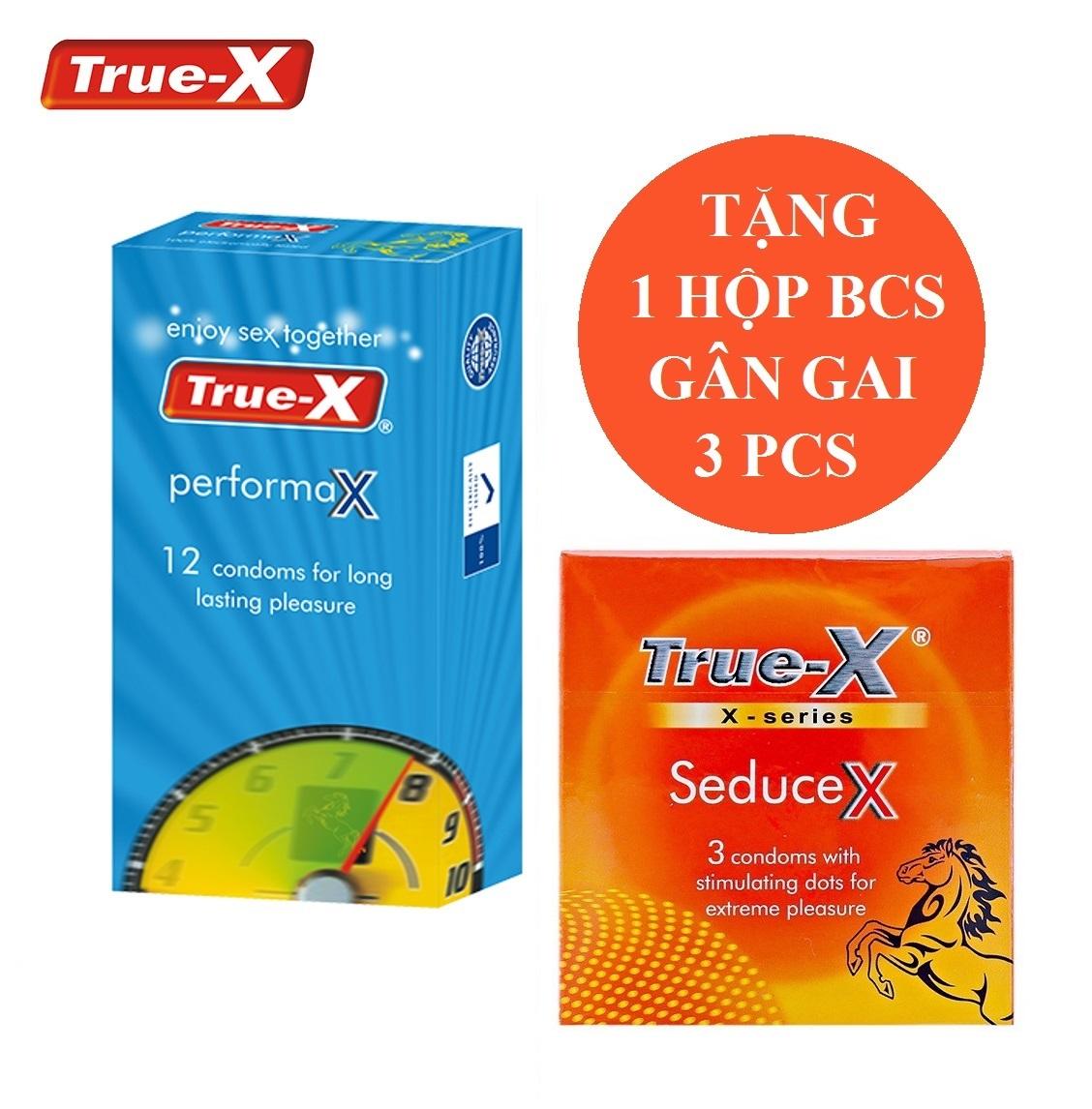 Bộ 1 hộp Bao Cao Su kéo dài thời gian cực tốt True - X tặng 1 hộp gân gai kéo dài thời gian True-X Seducex