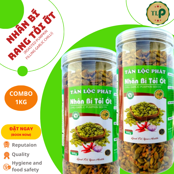 Nhân hạt bí rang tỏi ớt tân lộc phát combo 1kg - mỗi hũ 500g