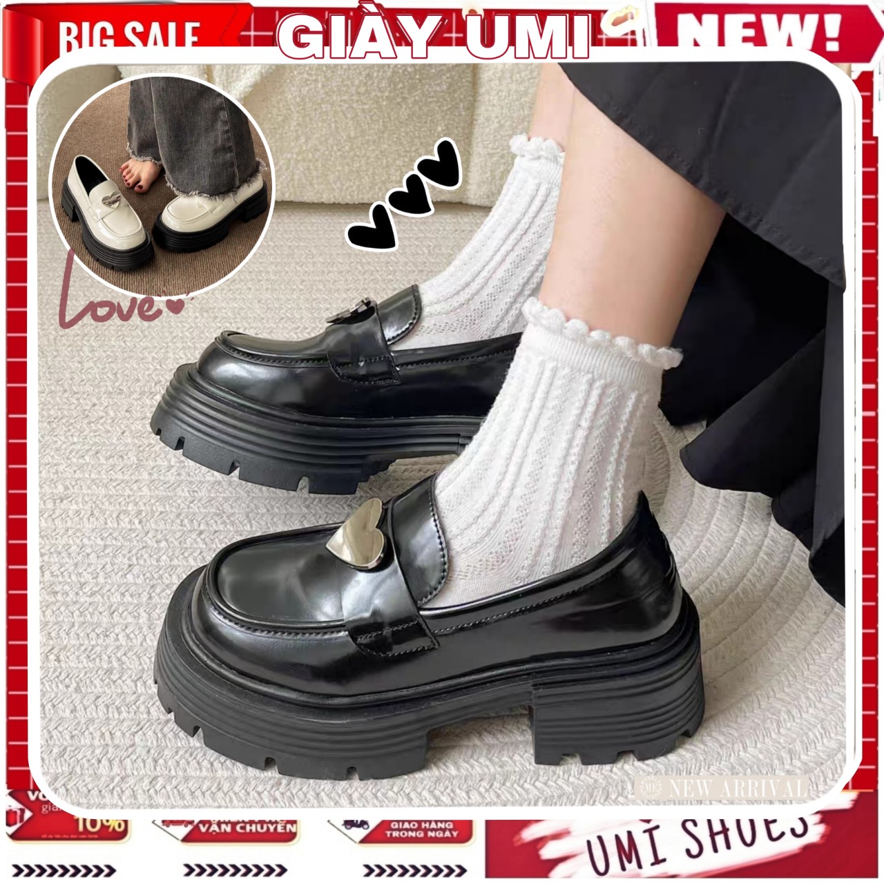 Giày Lười Oxford TRÁI TIM LOAFER Ulzzang màu Đen/Kem Đế Cao 6cm dáng Lolita mới đẹp thời trang