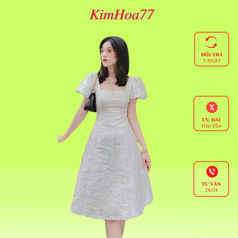 Váy xòe đầm nữ dự tiệc freesize chất gấm tay phồng cột nơ sau cổ kimhoa77