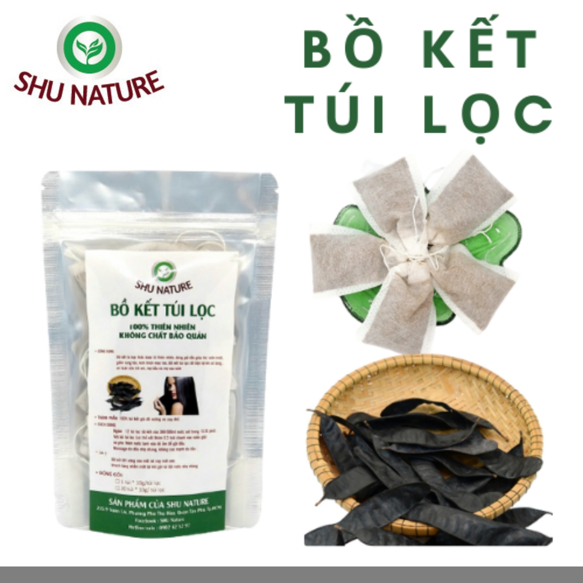 Bồ kết túi lọc SHU NATURE suôn mượt tóc, giảm rụng tóc, nhanh mọc tóc con, hết gàu ngứa, 100% bồ kết già đã nướng và xay nhỏ, không chất bảo quản