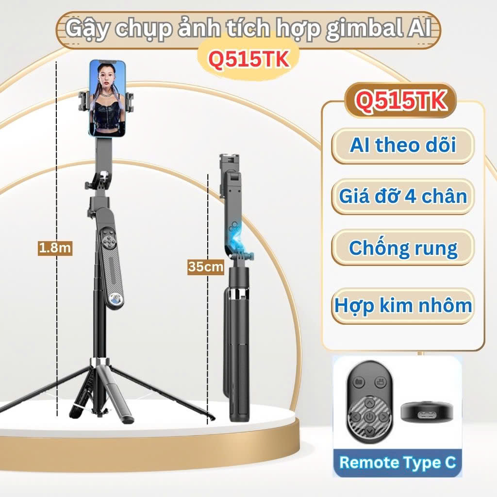 Gậy Chụp Ảnh Tripod Q515TK Chân Quay Điện Thoại Xoay 360 Theo Dõi Chuyển Động Đèn Trợ Sáng