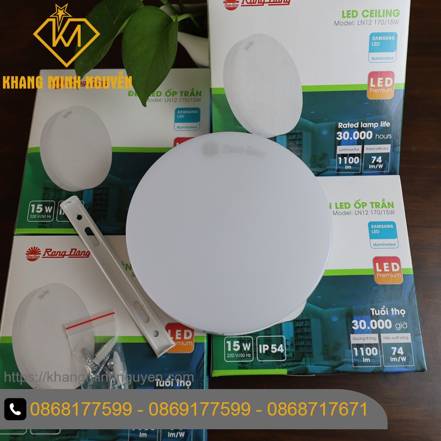 Đèn led ốp trần rạng đông tròn ln12-170/15w 6500k ss, đèn ốp trần ban công, ốp trần sảnh, ốp hành lang, ốp logia