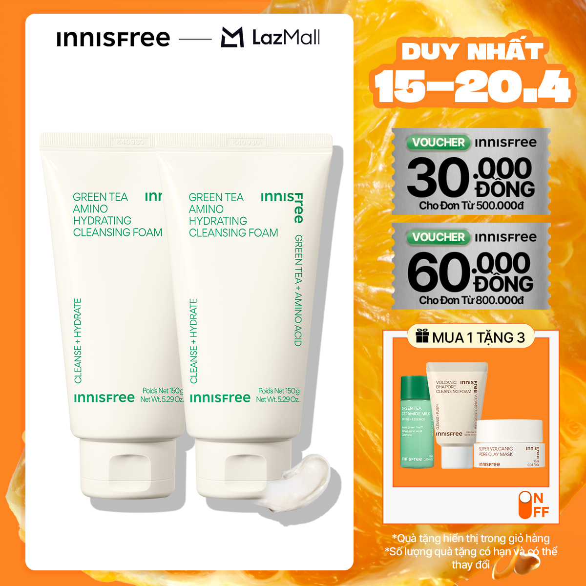 Bộ 2 Sữa rửa mặt làm sạch và cấp ẩm từ trà xanh INNISFREE Green Tea Hydramino Cleansing Foam 150g*2