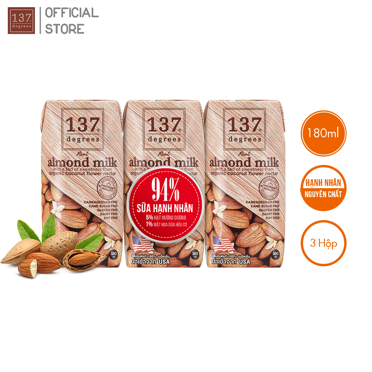 Sữa Hạt HẠNH NHÂN Truyền Thống - Lốc 3 hộp 180ml