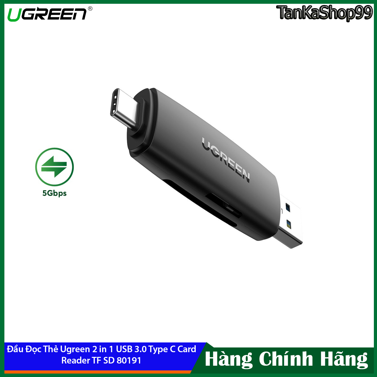 Đầu đọc thẻ ugreen 2 in 1 usb 3.0 type c , card reader tf sd 80191