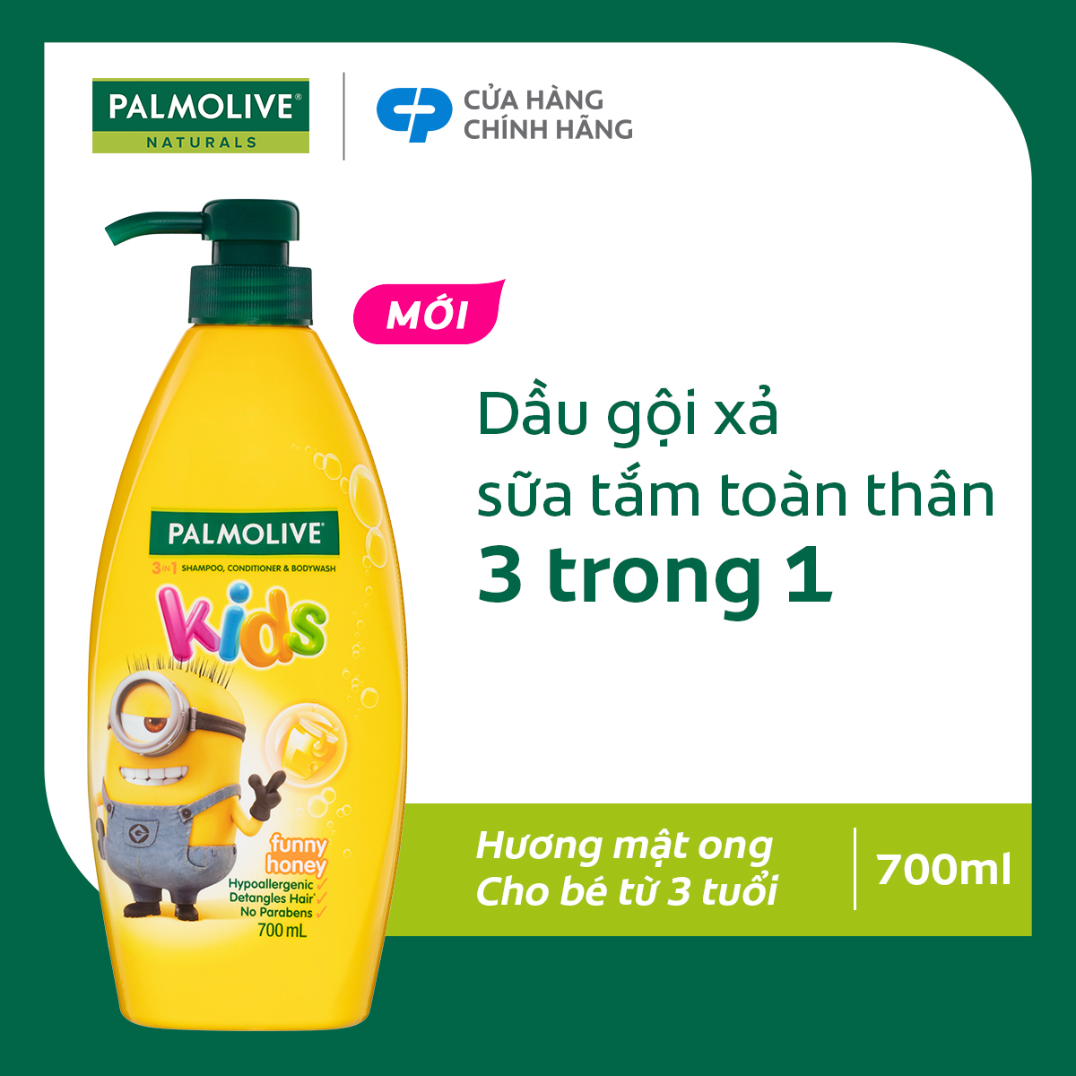 Dầu gội 3 trong 1 Palmolive Kids Minion tắm gội xả toàn thân cho bé từ 3 tuổi, hương mật ong, dịu nhẹ, không kích ứng