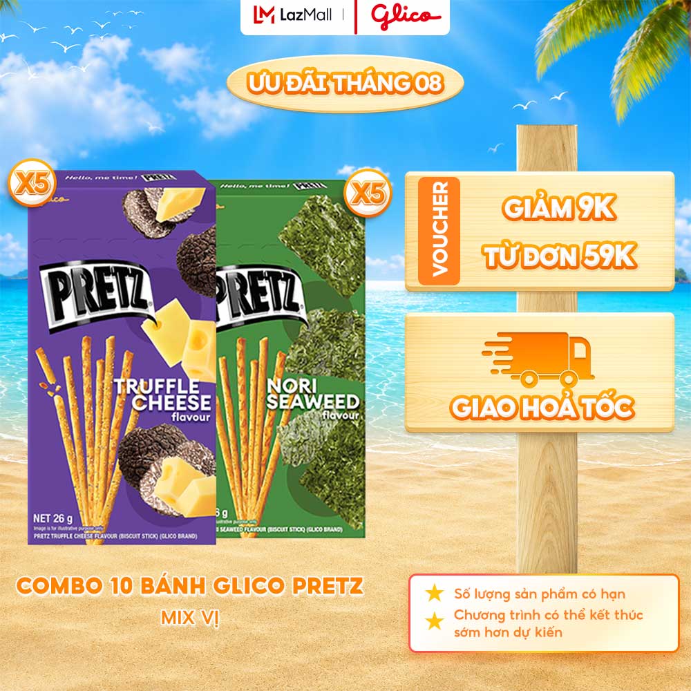 Combo 10 Hộp Bánh Que Snack Nướng Giòn PRETZ ROCKSTAR Mix Vị - 26G/Hộp (5 Rong Biển Nori - 5 Phô Mai Nấm)