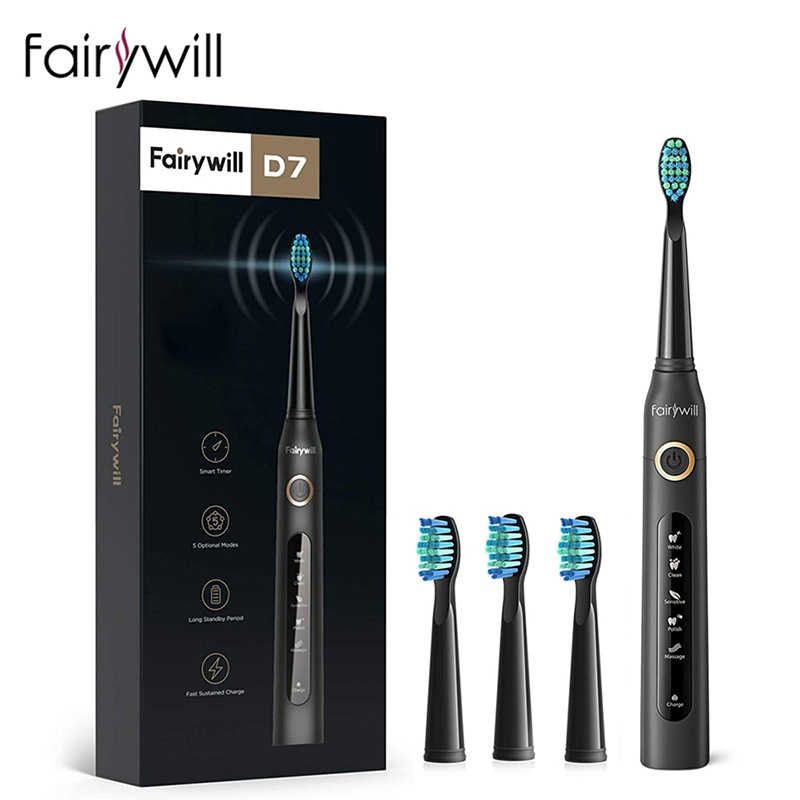 Bàn chải đánh răng điện Fairywill D7+ 4 đầu bàn chải thay thế+Công nghệ làm sạch bằng sóng siêu siêu âm Nevaki
