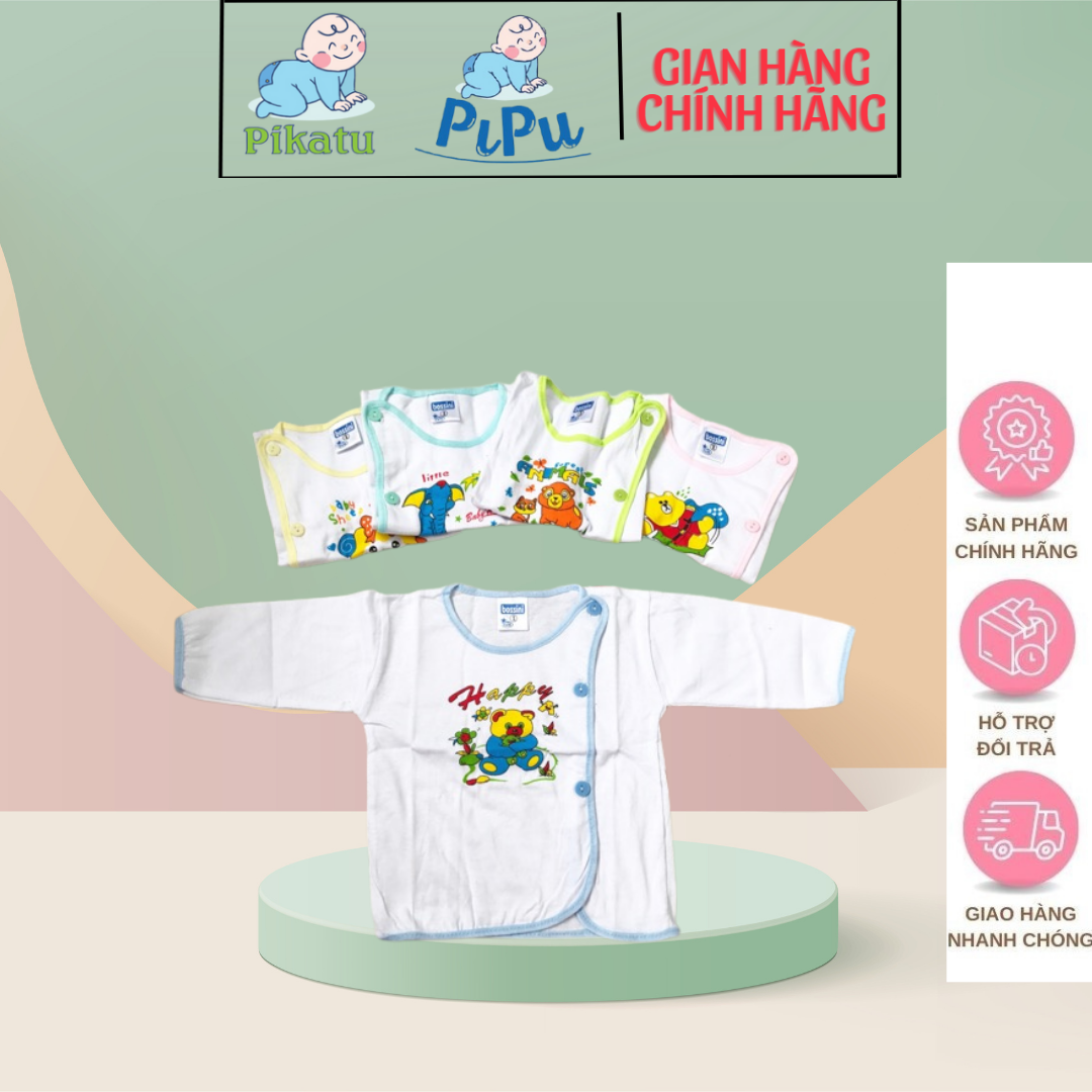 Áo sơ sinh Bosini tay dài màu trắng cúc lệch đủ size cho bé từ 0-12 tháng