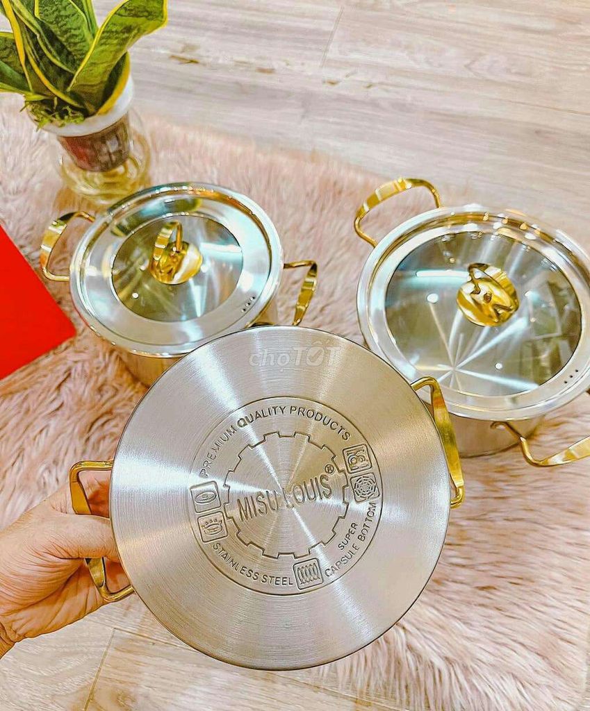 Bộ Nồi 3 Cái MISU LOUIS inox 304 Cao Cấp Đáy Liền Nguyên Khối 3 Đáy, Sử Dụng Mọi Loại Bếp Hàng Chính Hãng BẢO HÀNH 12 THÁNG