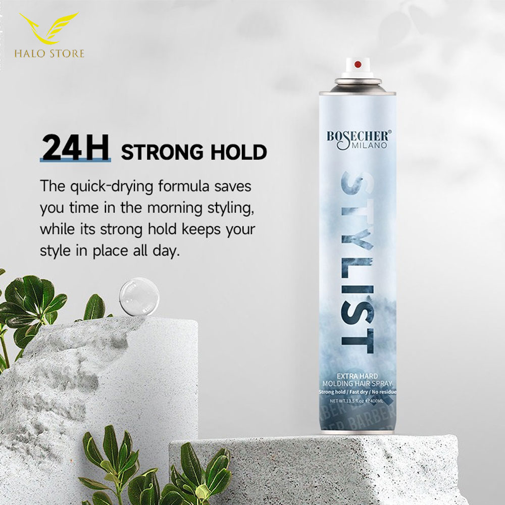 Gôm xịt cứng tóc Bosecher 400ML, Giữ Nếp Tóc 24h hương nước hoa sang trọng
