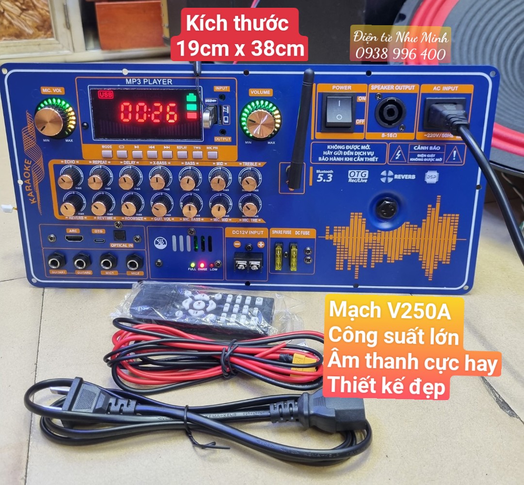 Mạch loa kéo v15x dsp reverb dùng cho 4 tấc đôi/đơn kích thước 19cm x 38cm