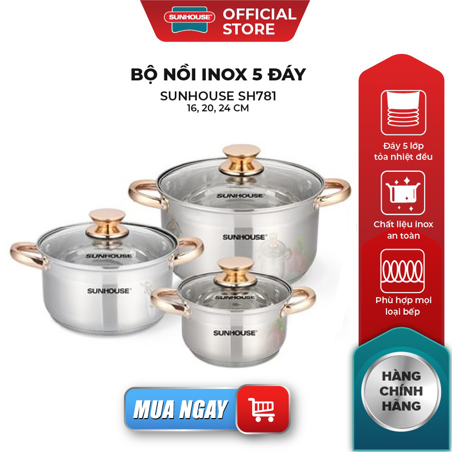 Nồi inox SUNHOUSE, Bộ nồi inox cao cấp 5 đáy chính hãng bảo hành 3 tháng