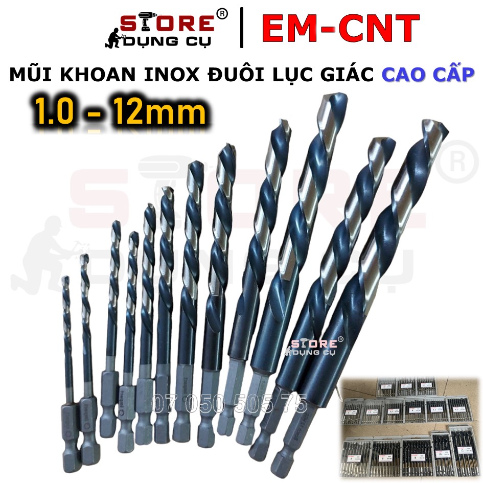 1-12mm Mũi khoan inox đuôi lục giác cao cấp EM-CNT | Mũi khoan chuyên inox HSS chịu nhiệt cao. Mũi khoan sắt, inox , gỗ đuôi lục giác chất lượng cao