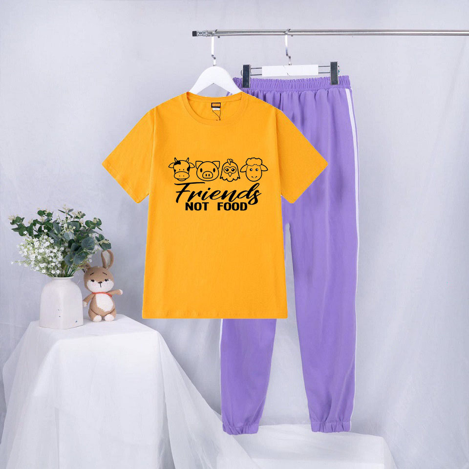 Sét Bộ Đồ Quần Áo Nữ Mùa Hè Mặc Đi Chơi Dạo Phố Cá Tính, Áo Thun Phông Cotton Organic Ngắn Tay Cổ Tròn Mát Mịn In 4 Thú Friends Not Foood Dễ Thương Mix Quần Thun Bo Gấu