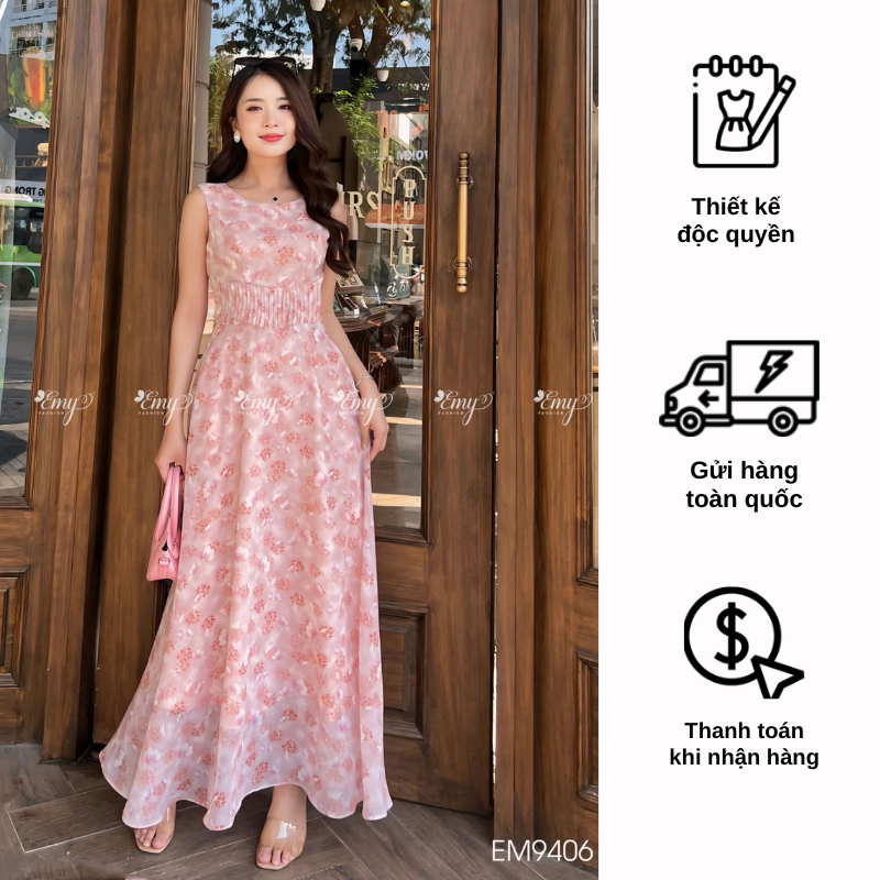 Đầm emy em9406 maxi hồng sát nách ply eo