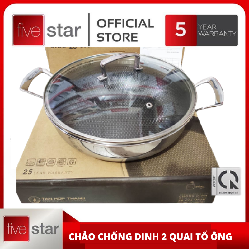Chảo 2 Quai Sâu Lòng ĐÁY LIỀN 3 LỚP Fivestar Tổ Ông Nắp Kiếng Size 26Cm - 28 Cm [ BẢO HÀNH 5 NĂM]