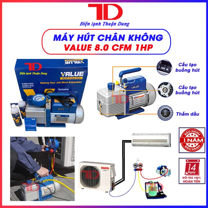 Máy hút chân không value vi280y 8.0 cfm 1hp có đồng hồ báo áp và rờ le tự ngắt