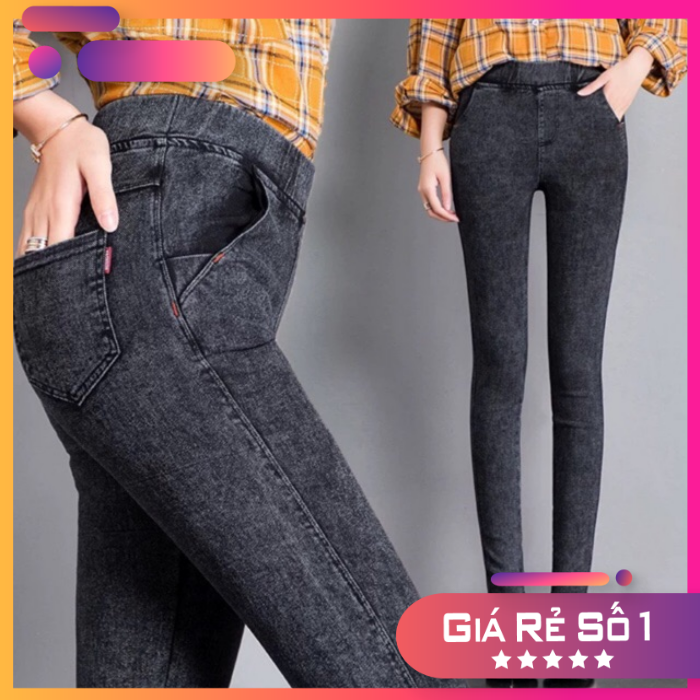 Quần legging giả jeans lót lông/không lót lông cạp cao ôm dáng dày dặn co giãn