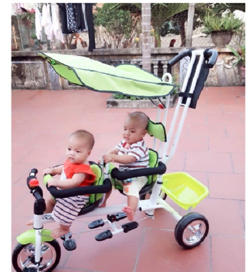Xe đạp đôi kiêm xe đẩy cho bé có để chân, mái che, giỏ đồ