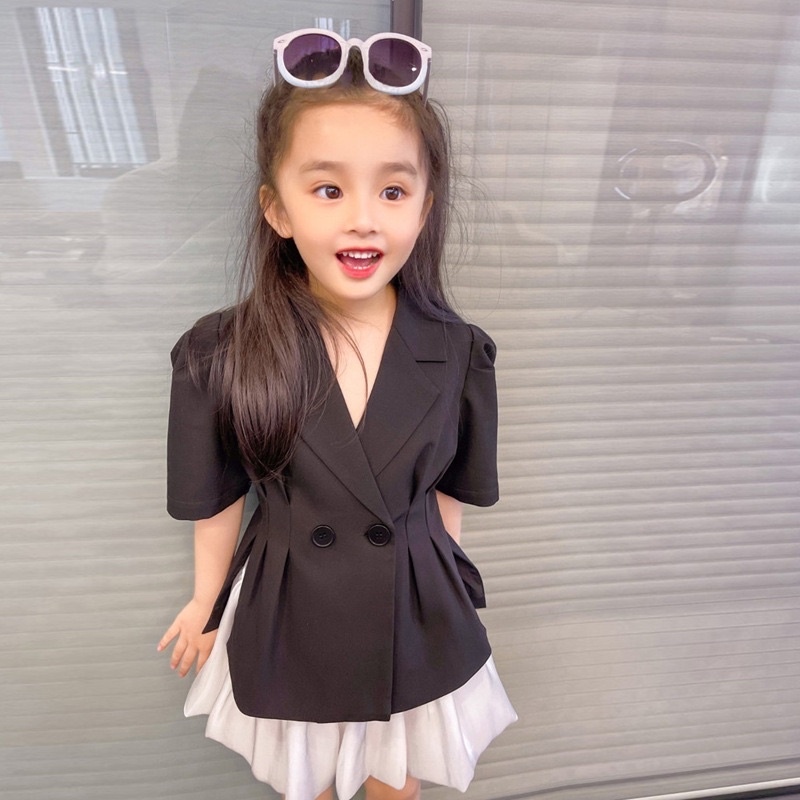 Set áo vest đen quần váy tơ xoè bé gái