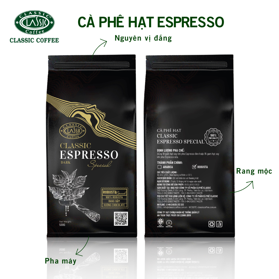 Cà phê hạt pha máy Dark Espresso Classic Coffee 500g gồm Robusta EkaMart và Moka Cầu Đất thơm tự nhiên, chua thanh