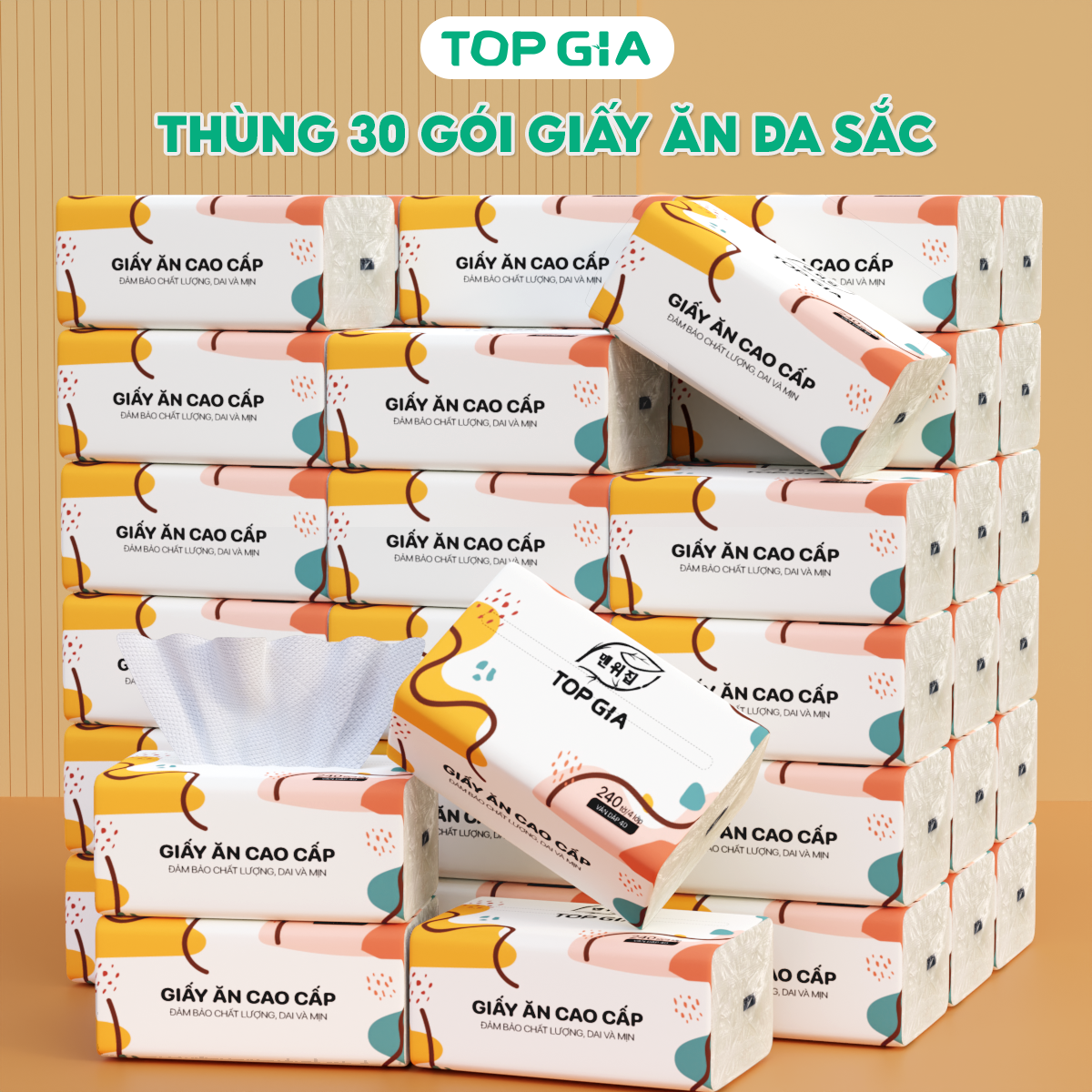  Thùng 30 gói giấy ăn rút đa sắc Topgia cao cấp 240 tờ 4 lớp dập vân 4D chắc chắn mềm mịn thấm hút 
