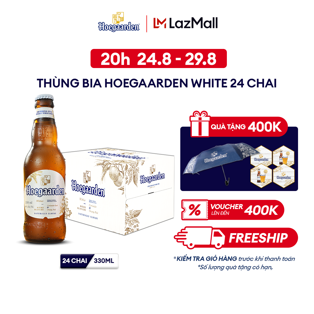 [20h 24.8 - 29.8 VC ĐẾN 100K+FS] Thùng 24 chai bia Hoegaarden White (330ml/chai)