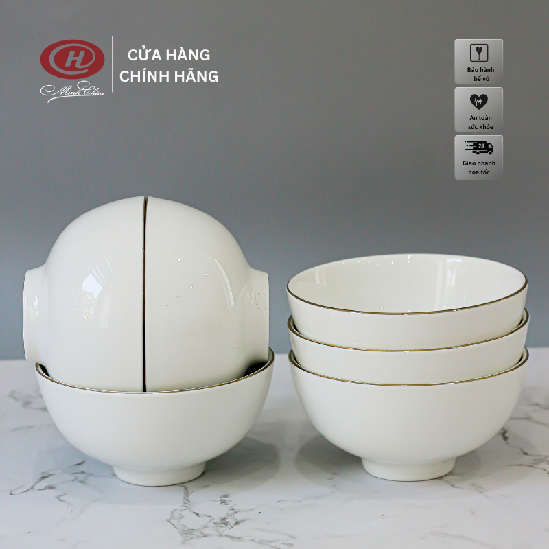 Bộ Bát Ăn Cơm Viền Vàng 12K - 11cm - Sứ Minh Châu - Set 6 và Set 10