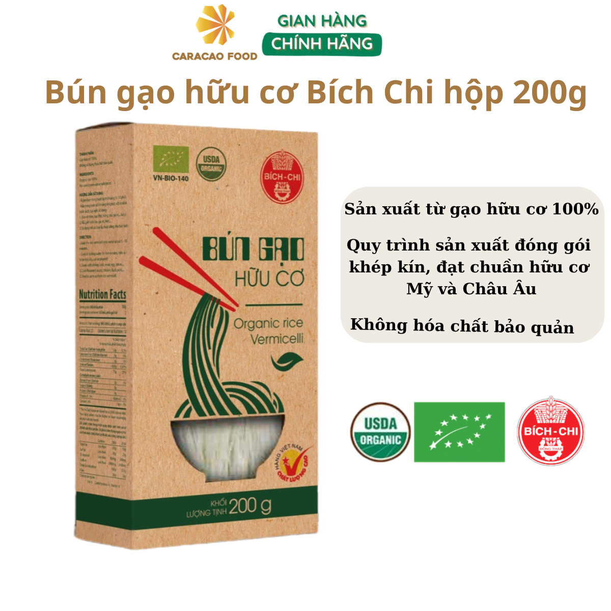 Bún gạo hữu cơ 200g hộp, bún gạo bích chi