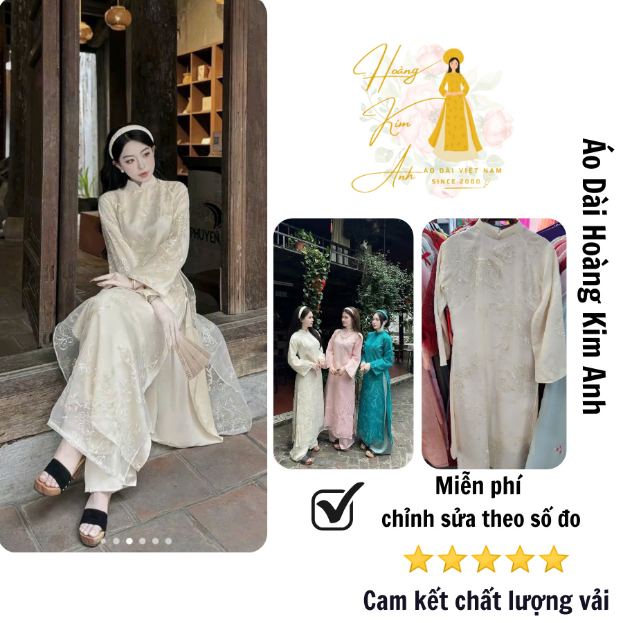 Áo dài cách tân nữ lụa 4 tà thêu Lân Sư Kỳ Lân mặc tết may sẵn hiện đại xinh xắn, Áo dài truyền thốn