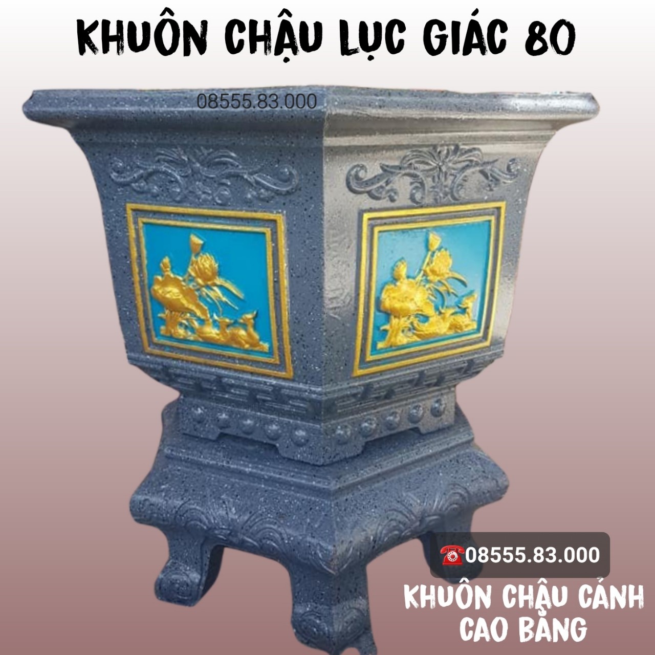 khuôn đúc chậu cảnh lục giác 83 + chân đôn, Hoa văn sen-trúc ( khuôn ABS có lòng trong)