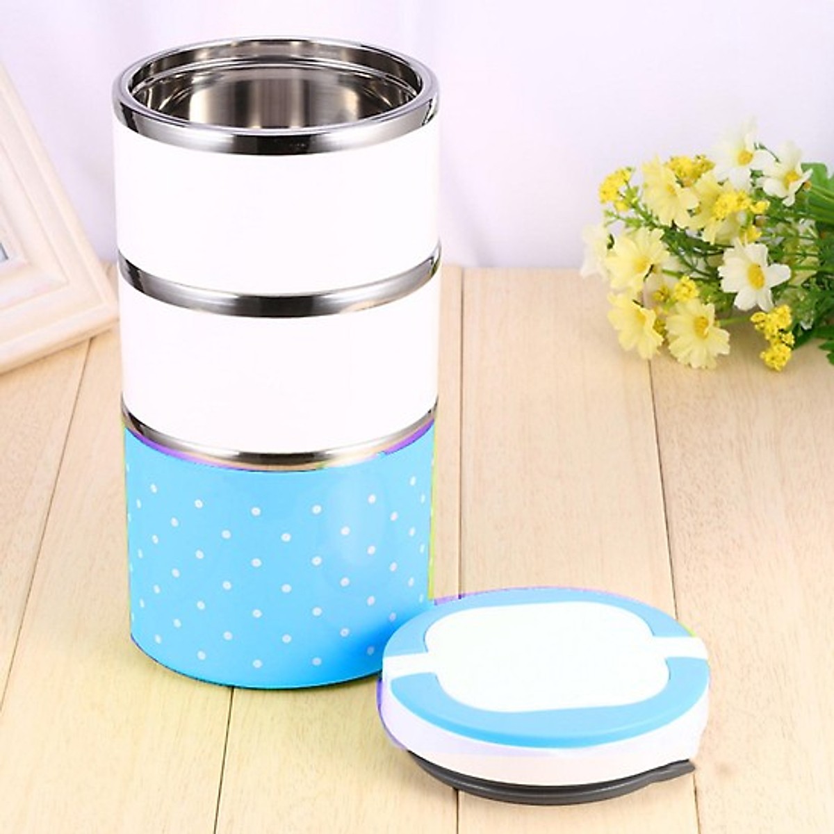 Cặp lồng chấm bi 3 tầng - cặp lồng cơm 3 tầng giữ nhiệt chấm bi ruột inox