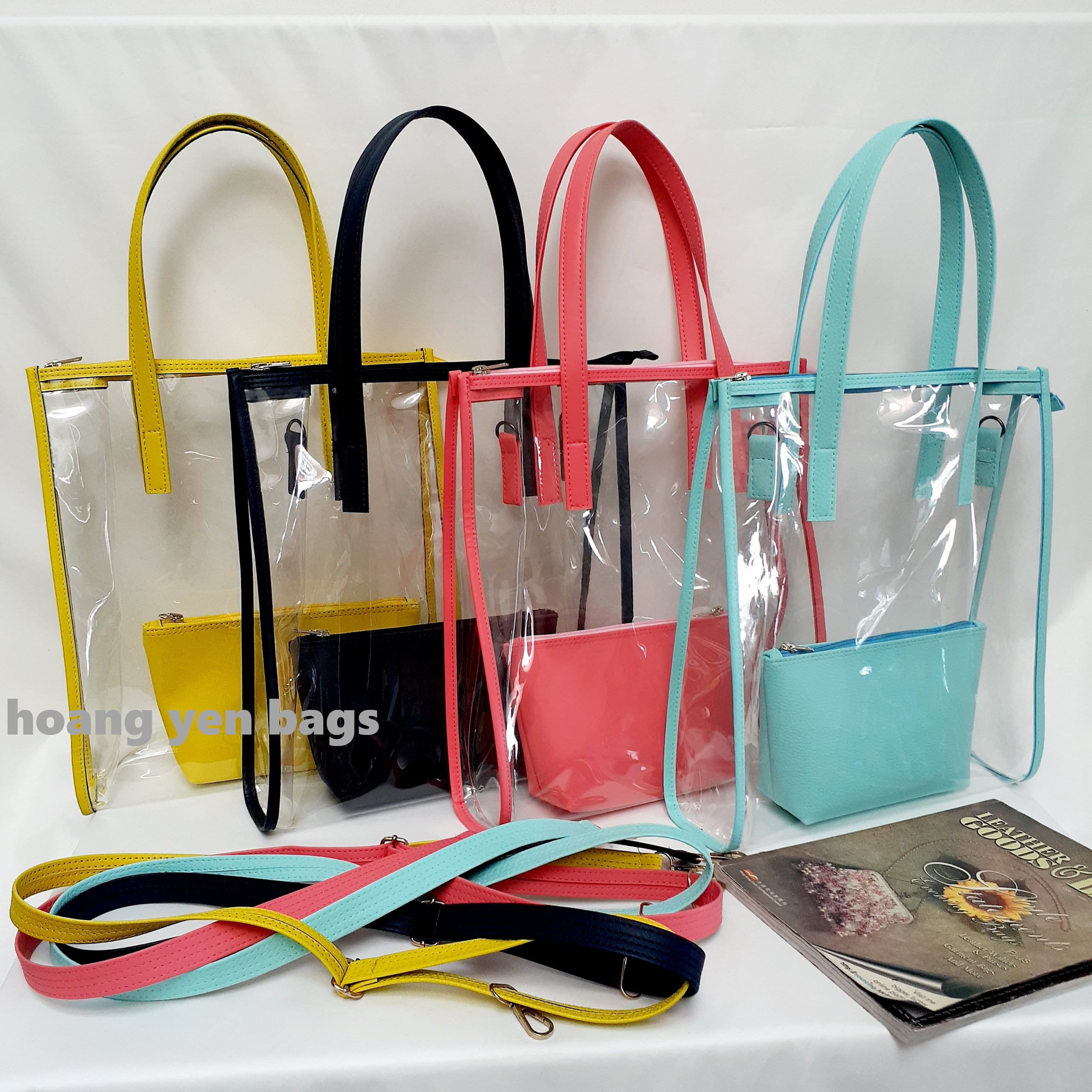 Túi tote trong suốt 2 in 1, đựng được laptop, giấy tờ A3, A4, có dây khóa kéo và dây đeo chéo đồng bộ