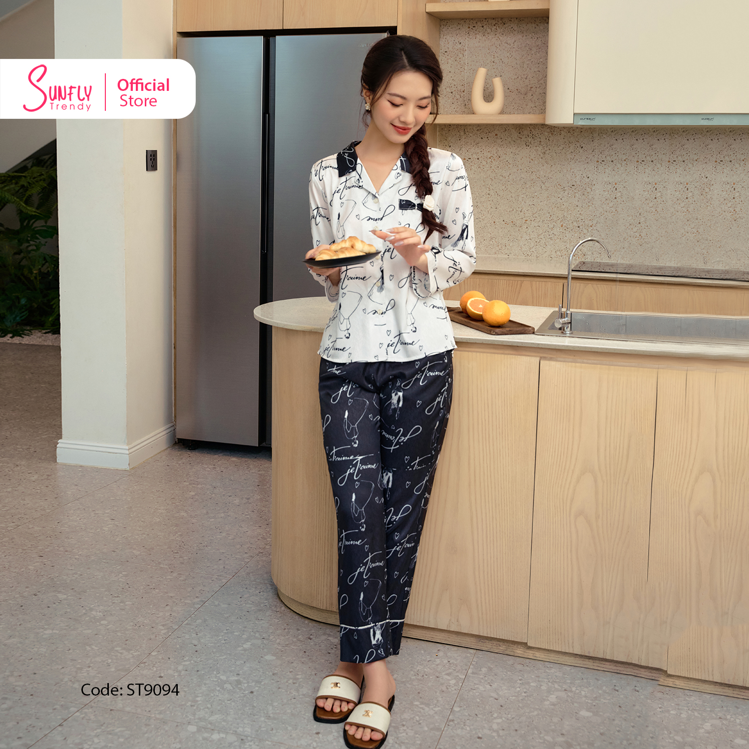 Bộ đồ nữ mặc nhà pyjamas lụa sunfly đồ ngủ nữ áo tay lỡ quần dài bộ đồ chất lụa mềm mịn mát st9094