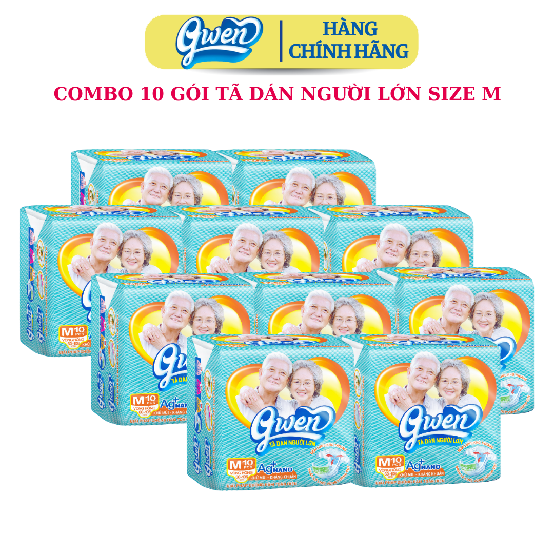 {Hàng chính hãng} Tã dán người lớn Gwen size M 10 miếng {combo10 gói}, Bỉm người già, người bệnh, siêu thấm, khô thoáng, chống hăm, khử mùi