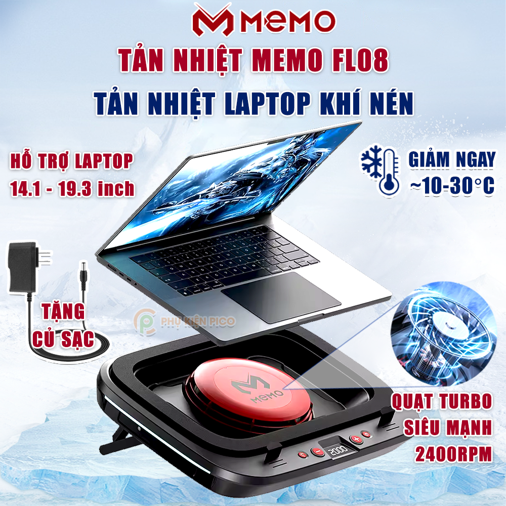 Đế tản nhiệt laptop Memo FL08 tản khí nén turbo 2400RPM quạt tản nhiệt laptop giảm nhiệt thực sự