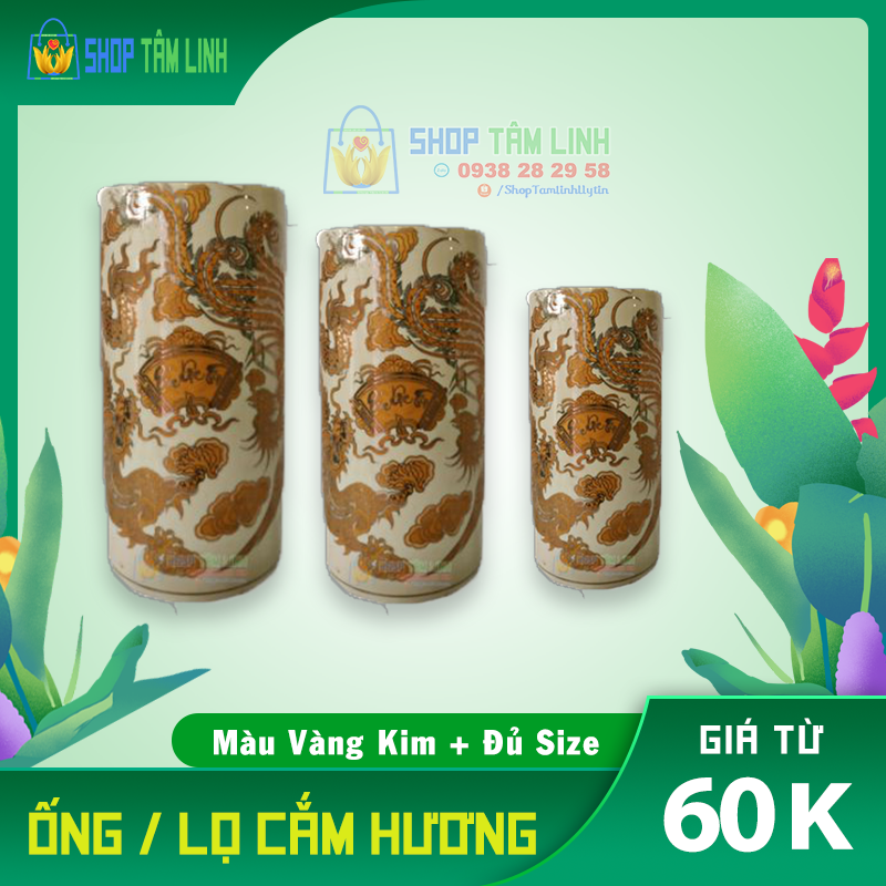 Ống hương thờ cúng gốm sứ Bát Tràng vẽ Phúc Lộc Tho màu kim ngà ShopTamlinh
