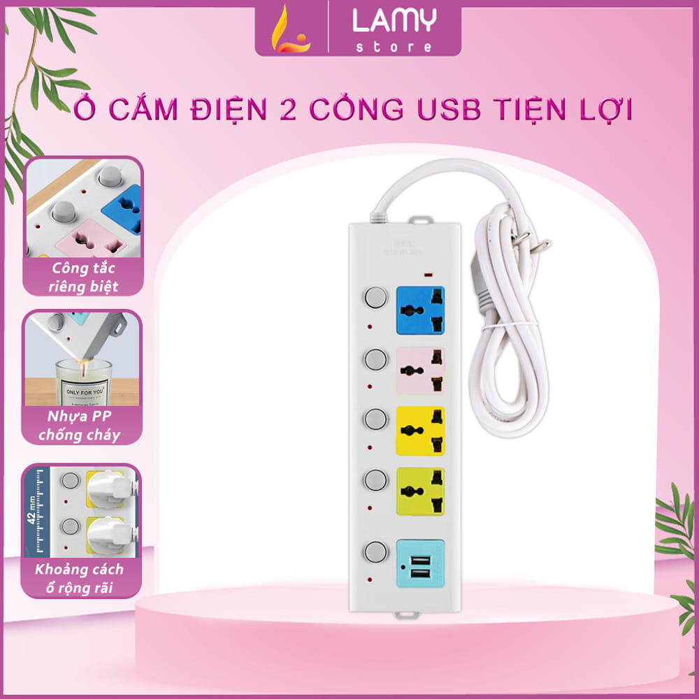 Ổ Cắm Điện USB Đa Năng Cao Cấp Chống Giật 2 Cổng Cắm USB Công Suất 2500W, Có Chốt An Toàn Dây 5m Tiện Dụng