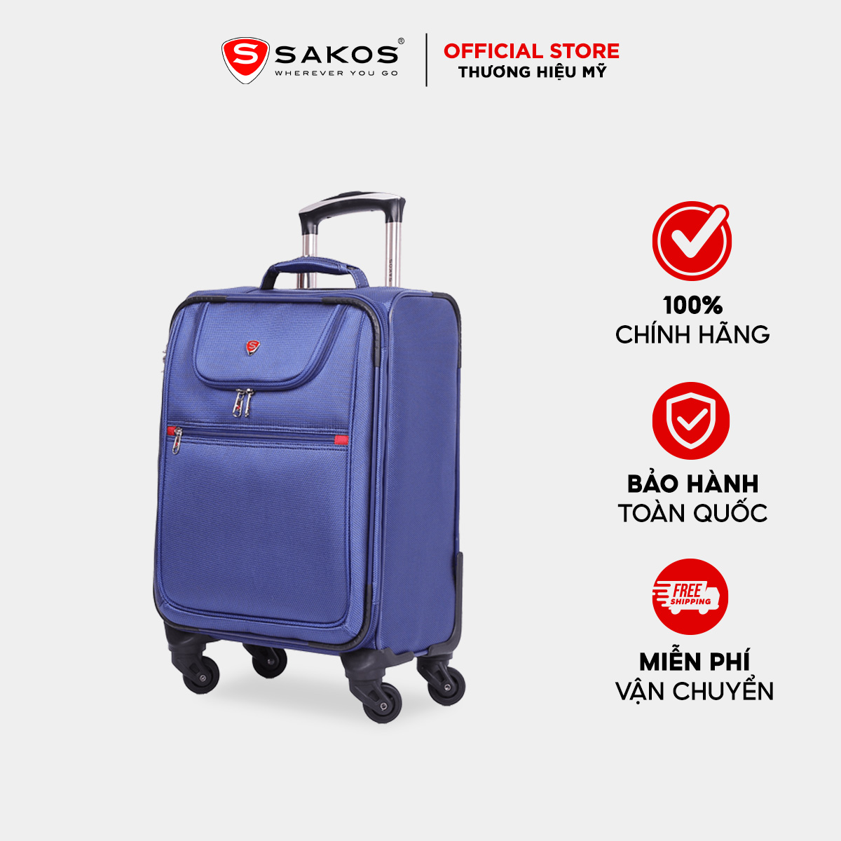 Vali vải du lịch cao cấp SAKOS CHAMPION size Xách Tay, Cabin - Chất liệu cao cấp chống thấm trượt nước, Trọng lượng siêu nhẹ, Khóa số TSA Bảo mật cao.