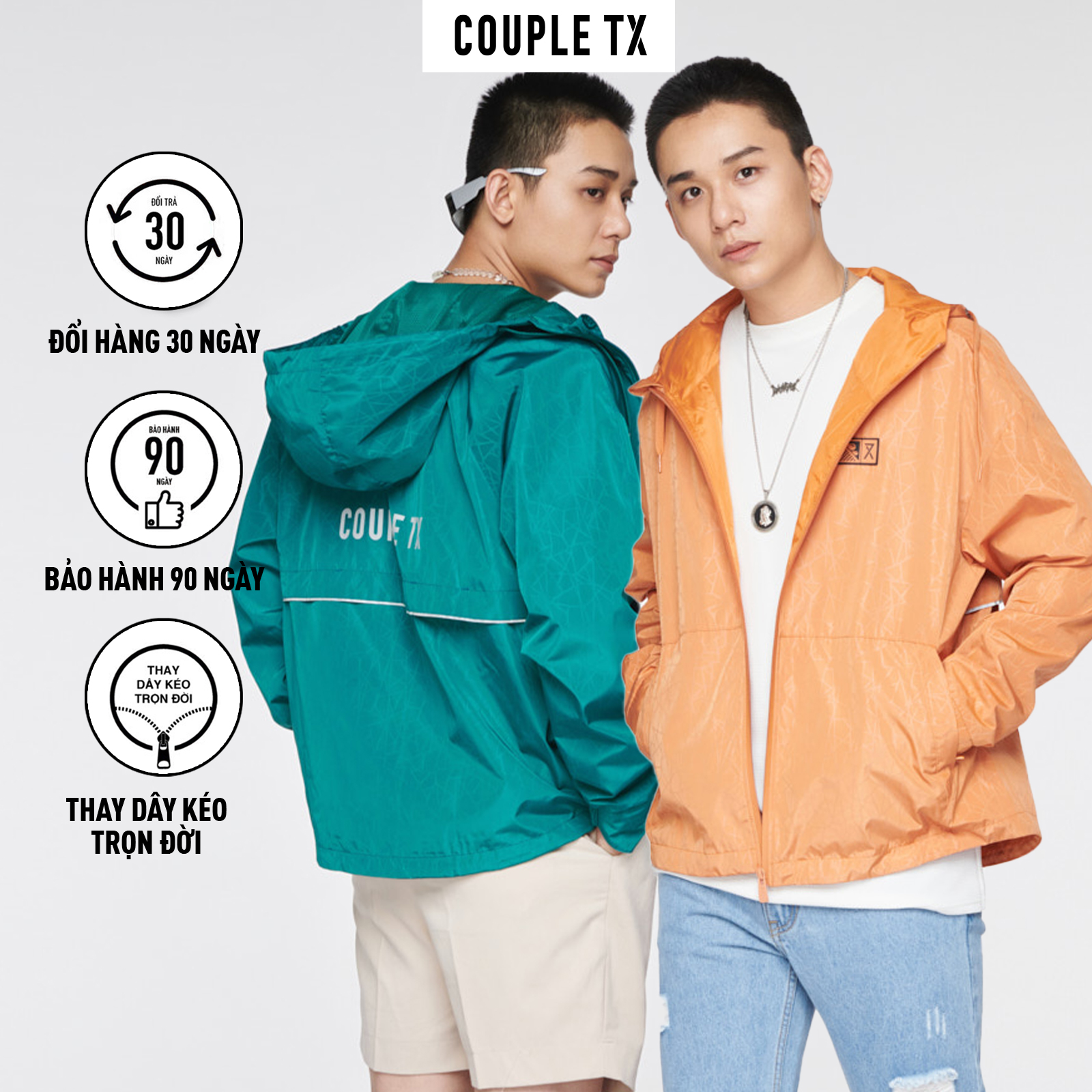 Áo khoác Nam Trượt Nước COUPLE TX - Áo Khoác Dù Đi Mưa, Chống Nắng, Có Nón, Tránh Gió Emboss Hoa Văn MOP 1038